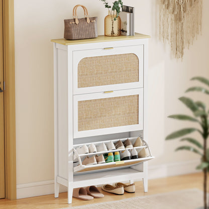 White boho shoe storage cabinet with two flip drawers open showing shoes inside