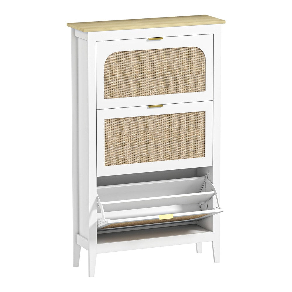HOMCOM Narrow Shoe Cabinet with three flip drawers and a boho rattan design
