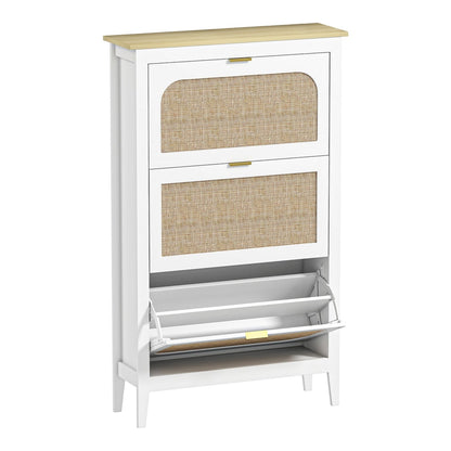 HOMCOM Narrow Shoe Cabinet with three flip drawers and a boho rattan design