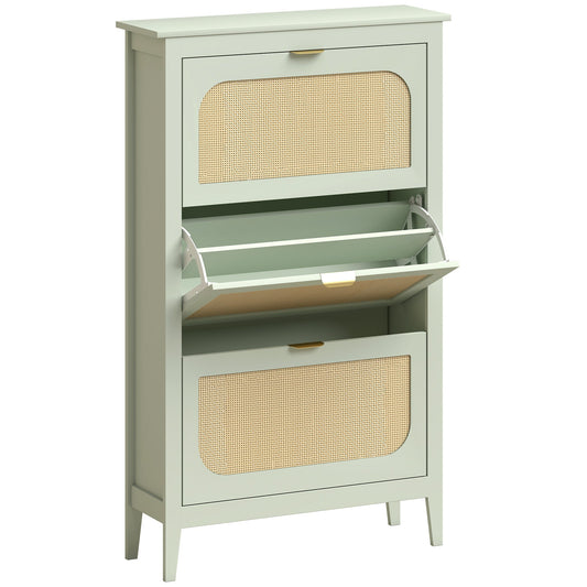 HOMCOM Narrow Shoe Cabinet with three flip drawers and light green finish with rattan detailing