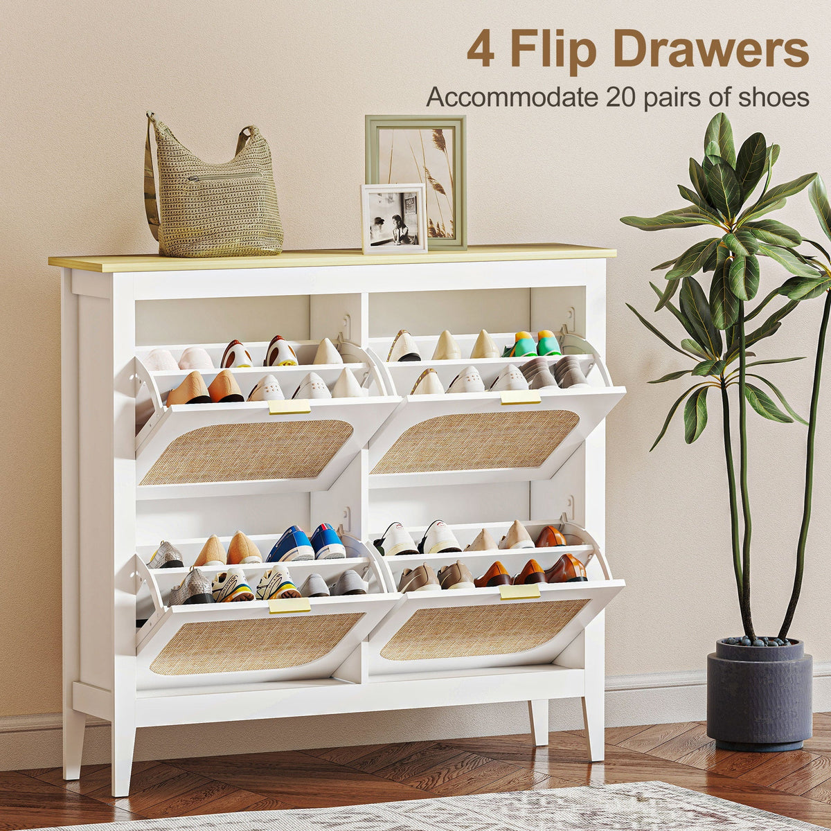 White shoe storage cabinet with all four flip drawers open showing shoes