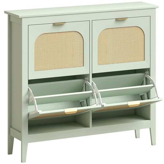 HOMCOM Narrow Shoe Cabinet with four flip drawers and rattan door details