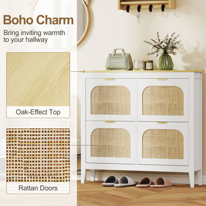 Close up of the oak-effect top and rattan doors on the shoe storage unit