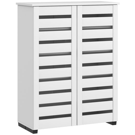 HOMCOM Narrow Shoe Cabinet for Entryway with two white slatted doors in a studio setting