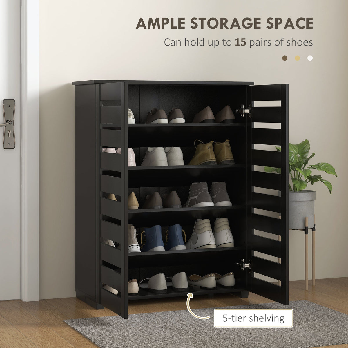 The black shoe storage cabinet with open doors showing 5 tiers of shoes