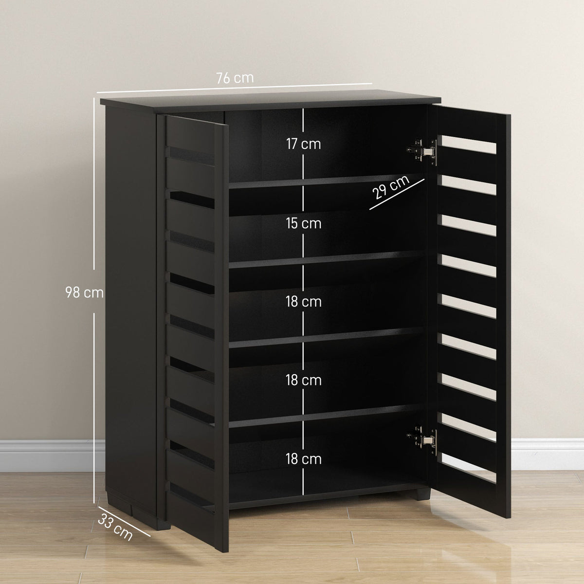 Dimensions of the black shoe storage cabinet with open doors showing shelves