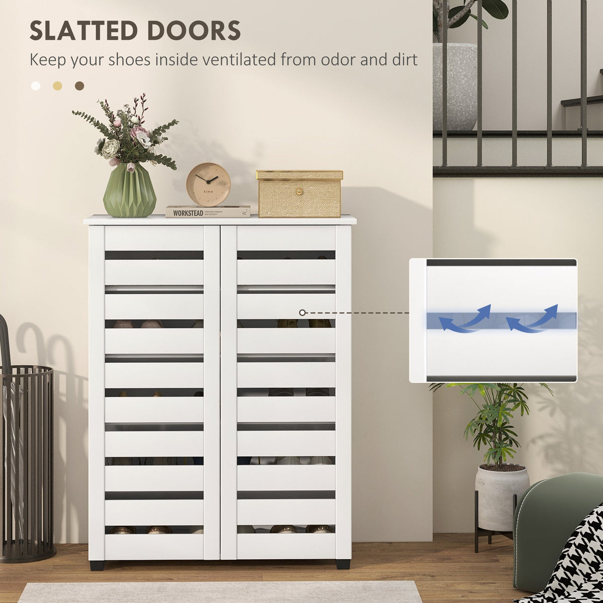 The shoe storage cabinet showing how the slatted doors provide ventilation for shoes