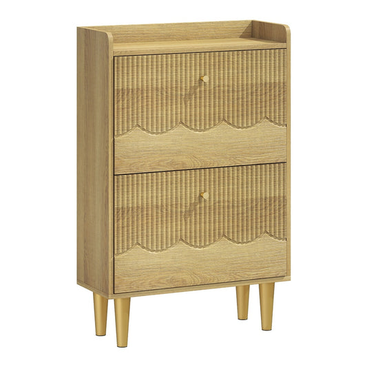 HOMCOM Narrow Shoe Cabinet, a light oak storage unit with two flip-down drawers and gold legs