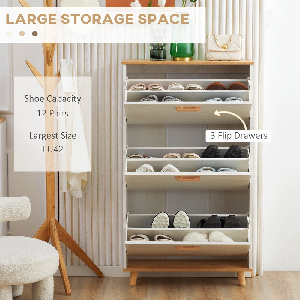 Open flip drawers of the shoe organiser showing space for 12 pairs of shoes