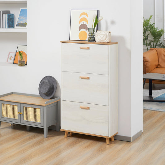 The shoe storage cabinet placed in a bright hallway next to a small bench and decor