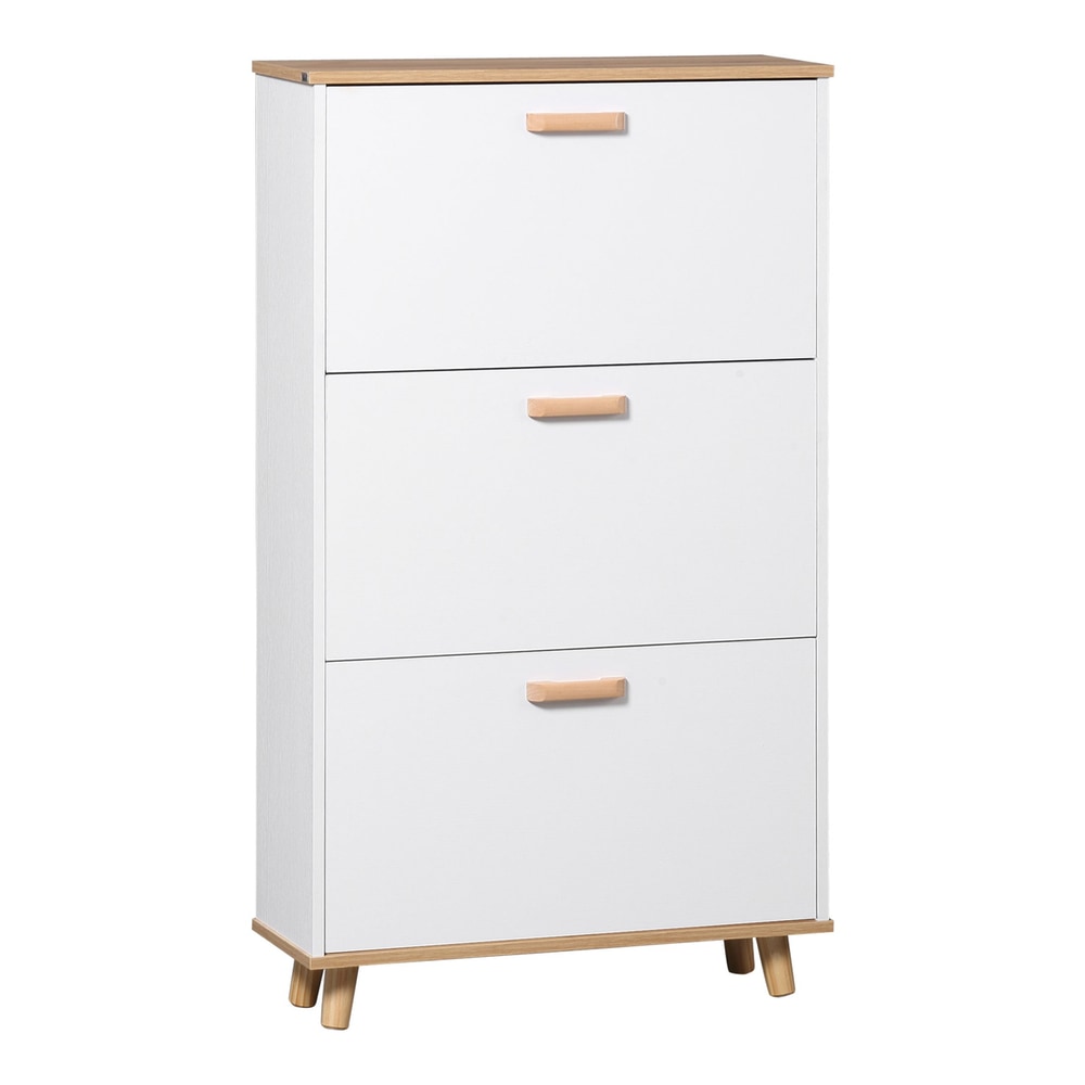 HOMCOM Narrow Shoe Cabinet with three white flip drawers and wooden handles, standing on four legs
