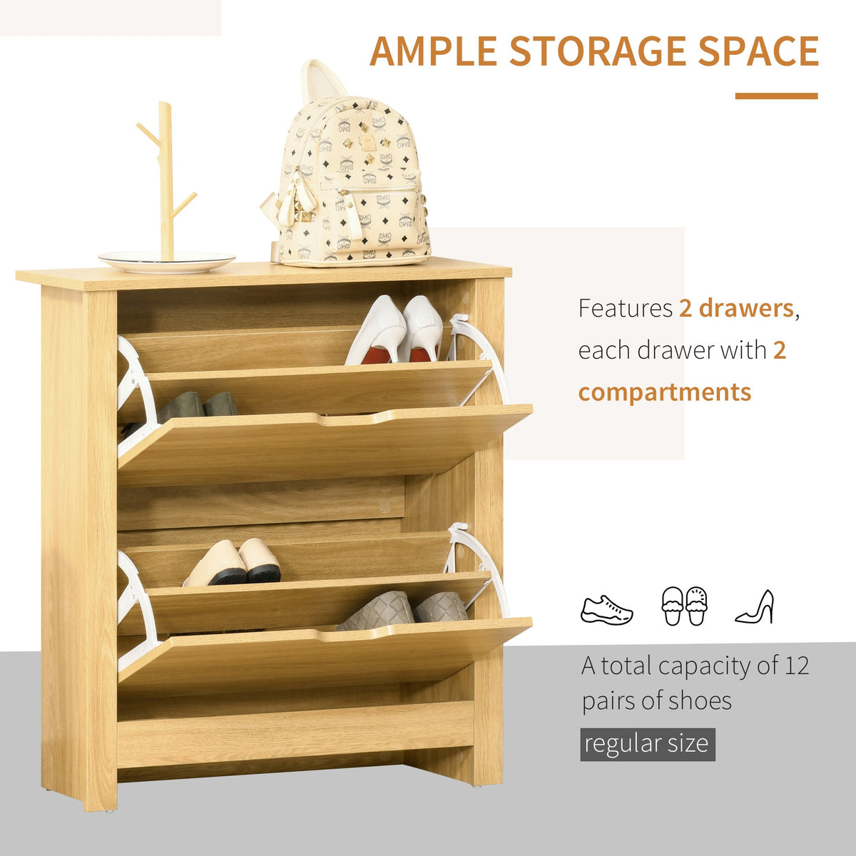 The shoe storage cabinet with its drawers open showing shoe capacity