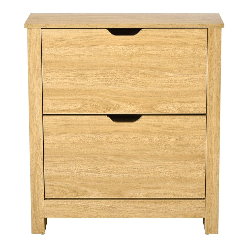 HOMCOM Narrow Shoe Cabinet with two flip drawers and a natural wood finish