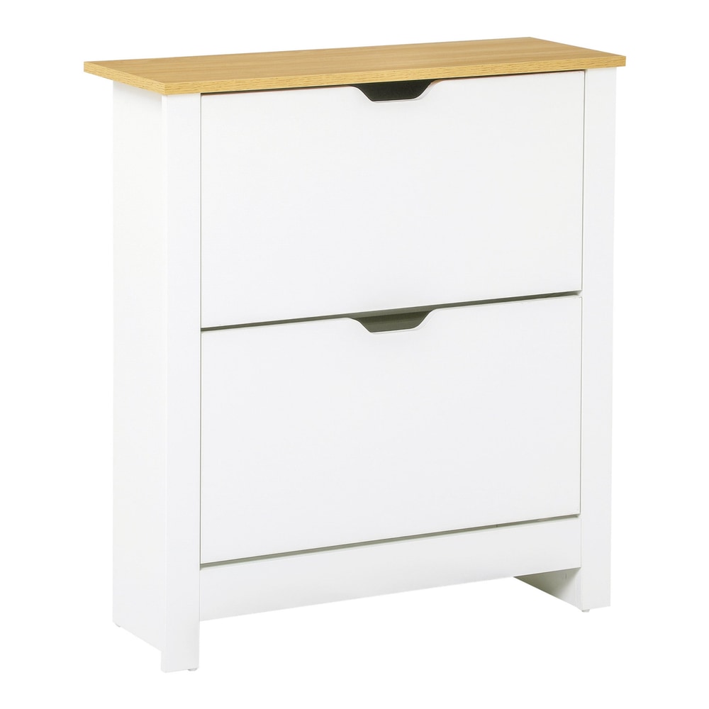 HOMCOM Narrow Shoe Cabinet with two flip drawers and a wooden top