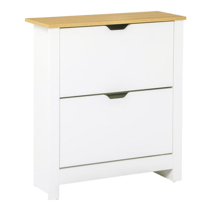 HOMCOM Narrow Shoe Cabinet with two flip drawers and a wooden top