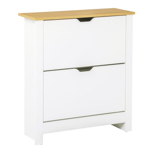HOMCOM Narrow Shoe Cabinet with two flip drawers and a wooden top