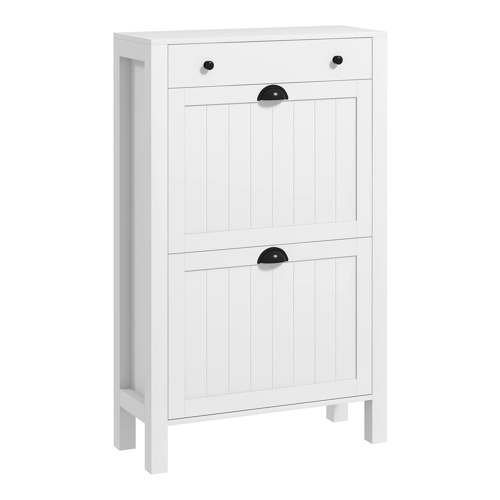 HOMCOM Narrow Shoe Cabinet with two flip drawers and a top drawer, shown in white