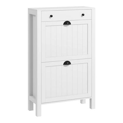 HOMCOM Narrow Shoe Cabinet with two flip drawers and a top drawer, shown in white