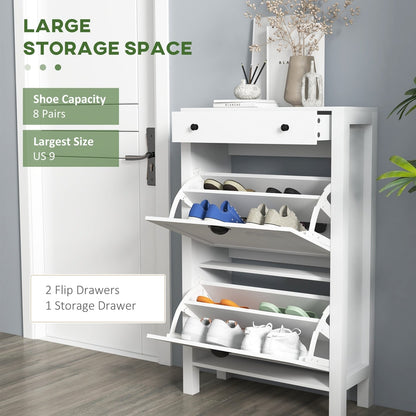 The white shoe storage cabinet with two flip drawers and one storage drawer open, showing shoe capacity