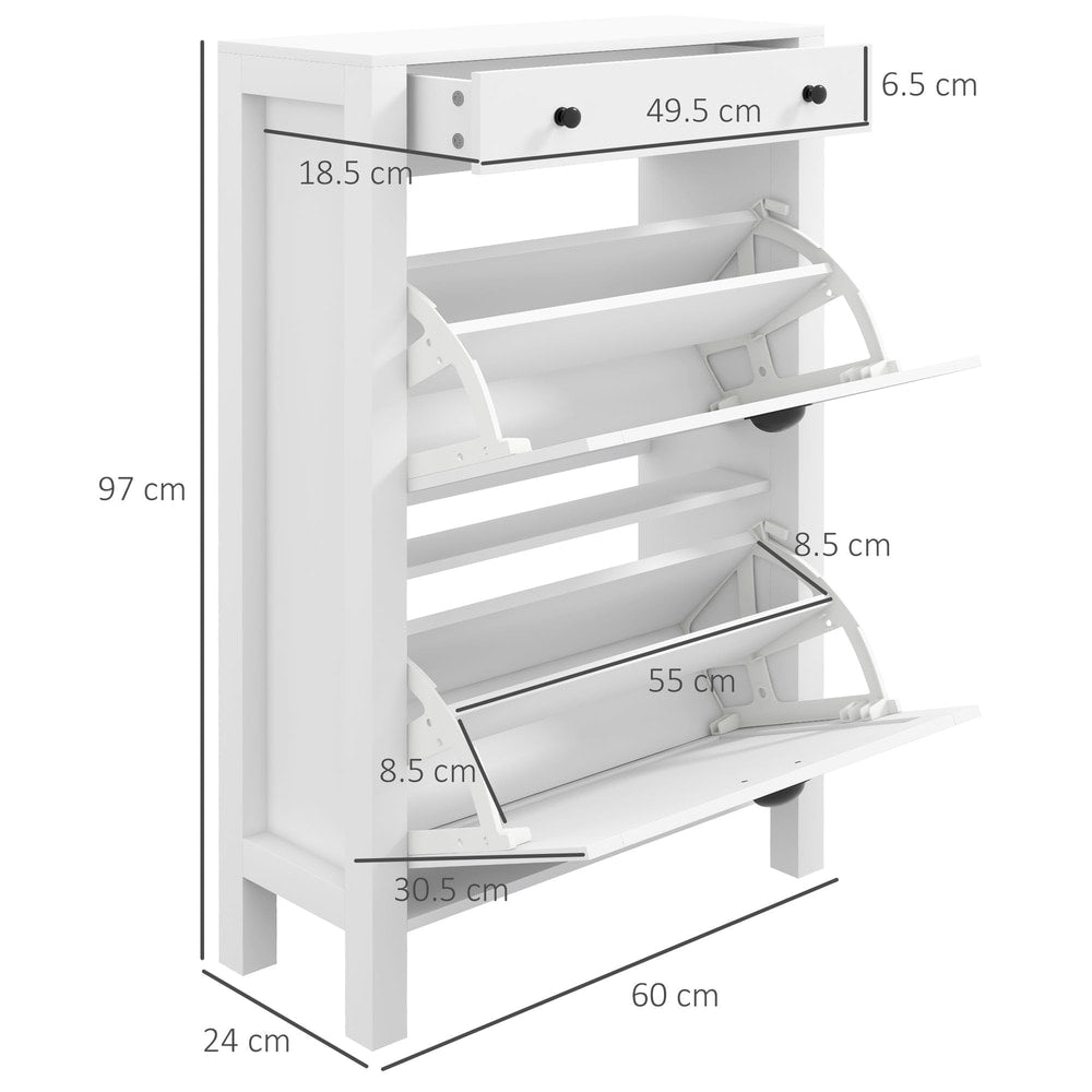 Dimensions of the white shoe storage cabinet with flip drawers open