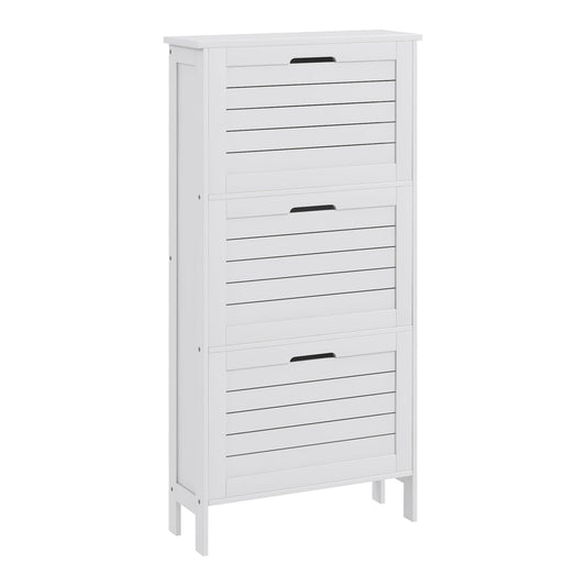 HOMCOM Narrow Shoe Cabinet with 3 Flip Drawers - White, a tall white cabinet with three slatted flip-down drawers and a flat