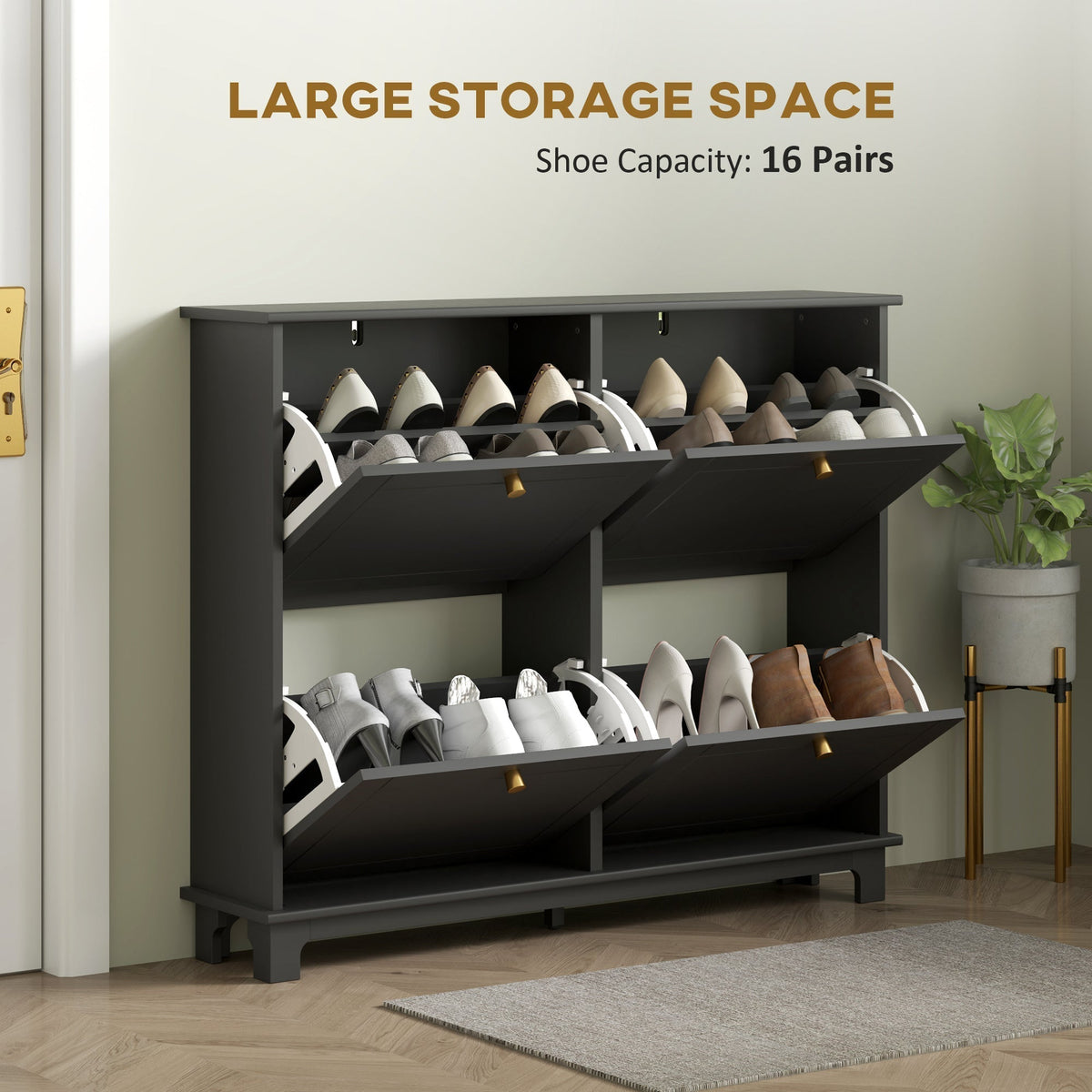 This shoe storage cabinet is shown with 16 pairs of shoes inside its flip drawers