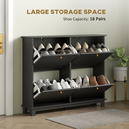 This shoe storage cabinet is shown with 16 pairs of shoes inside its flip drawers