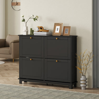 The black shoe storage cabinet in a living room setting with decorative items on top