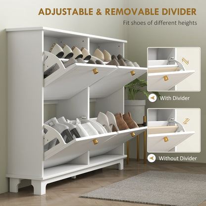 A white shoe storage cabinet showing adjustable and removable dividers