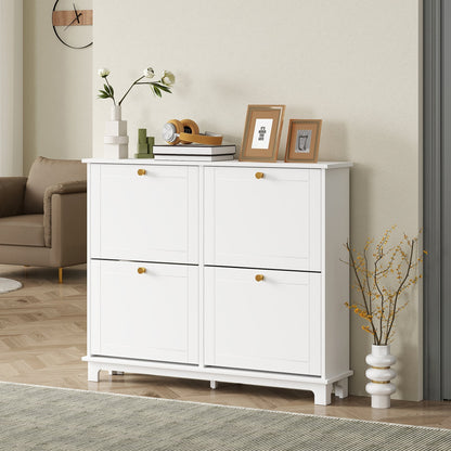 A white shoe storage cabinet with four flip drawers in a hallway setting