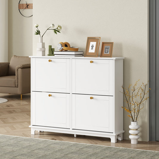 A white shoe storage cabinet with four flip drawers in a hallway setting