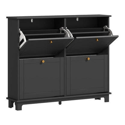 HOMCOM Narrow Shoe Storage Cabinet with four flip drawers open showing the inside