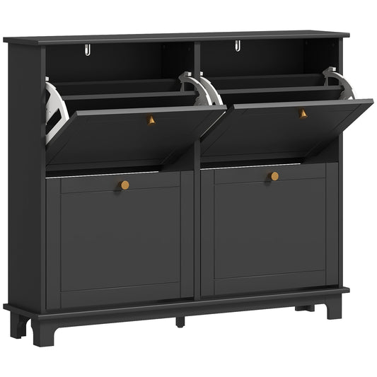HOMCOM Narrow Shoe Storage Cabinet with four flip drawers open showing the inside