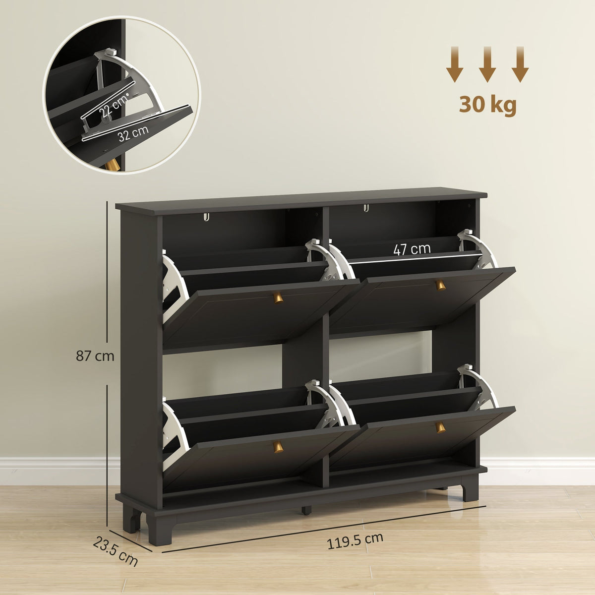 The narrow shoe storage cabinet with dimensions shown on a white background