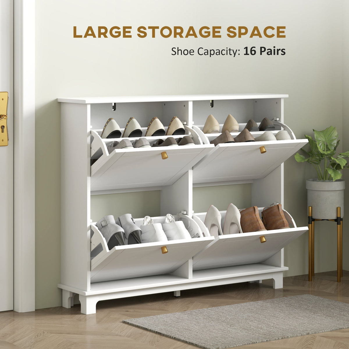 A white shoe storage cabinet filled with shoes, showing large storage space