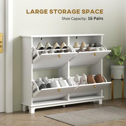 A white shoe storage cabinet filled with shoes, showing large storage space