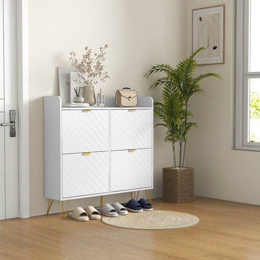 The narrow shoe storage cabinet placed in a hallway with shoes on the floor