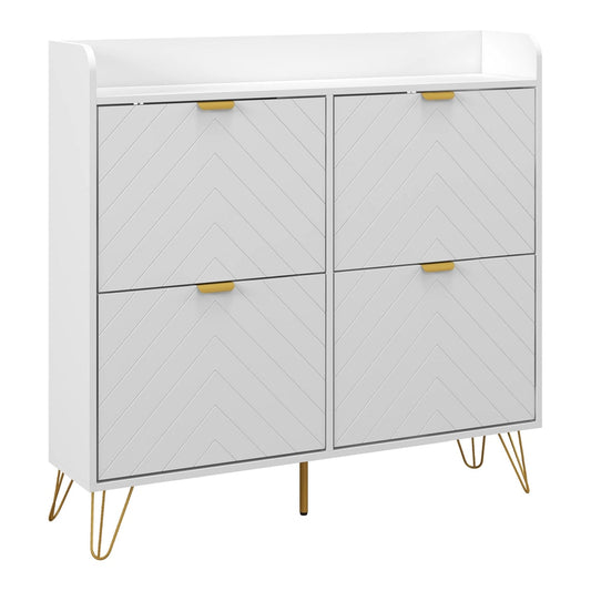 HOMCOM Narrow Shoe Storage Cabinet with four angled white doors and gold handles