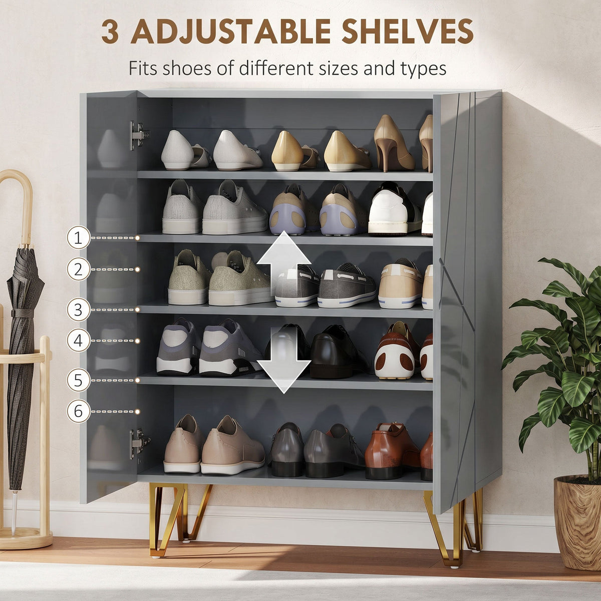 The shoe storage cabinet highlighting the adjustable shelf positions for different footwear