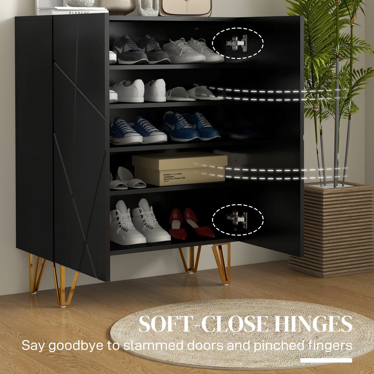 Soft close hinges on the black shoe storage cabinet doors