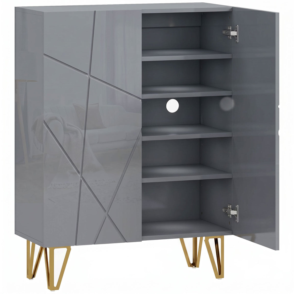 HOMCOM Narrow Shoe Storage Cabinet with grey doors and gold metal legs shown with one door open