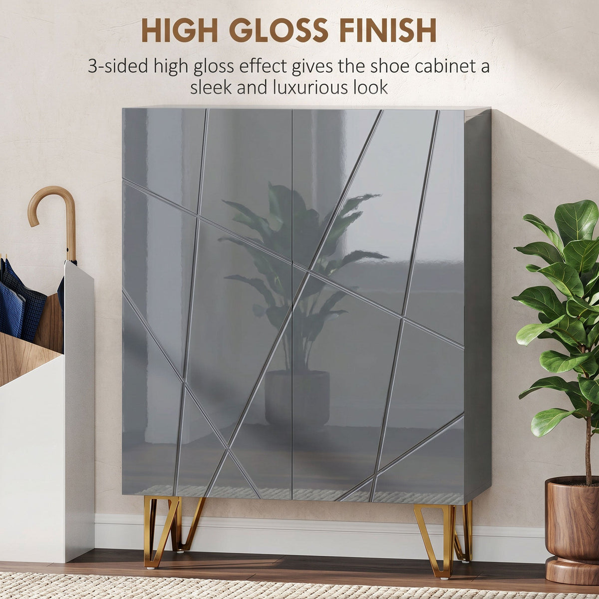 The shoe storage cabinet featuring a sleek grey high gloss finish on the closed front doors