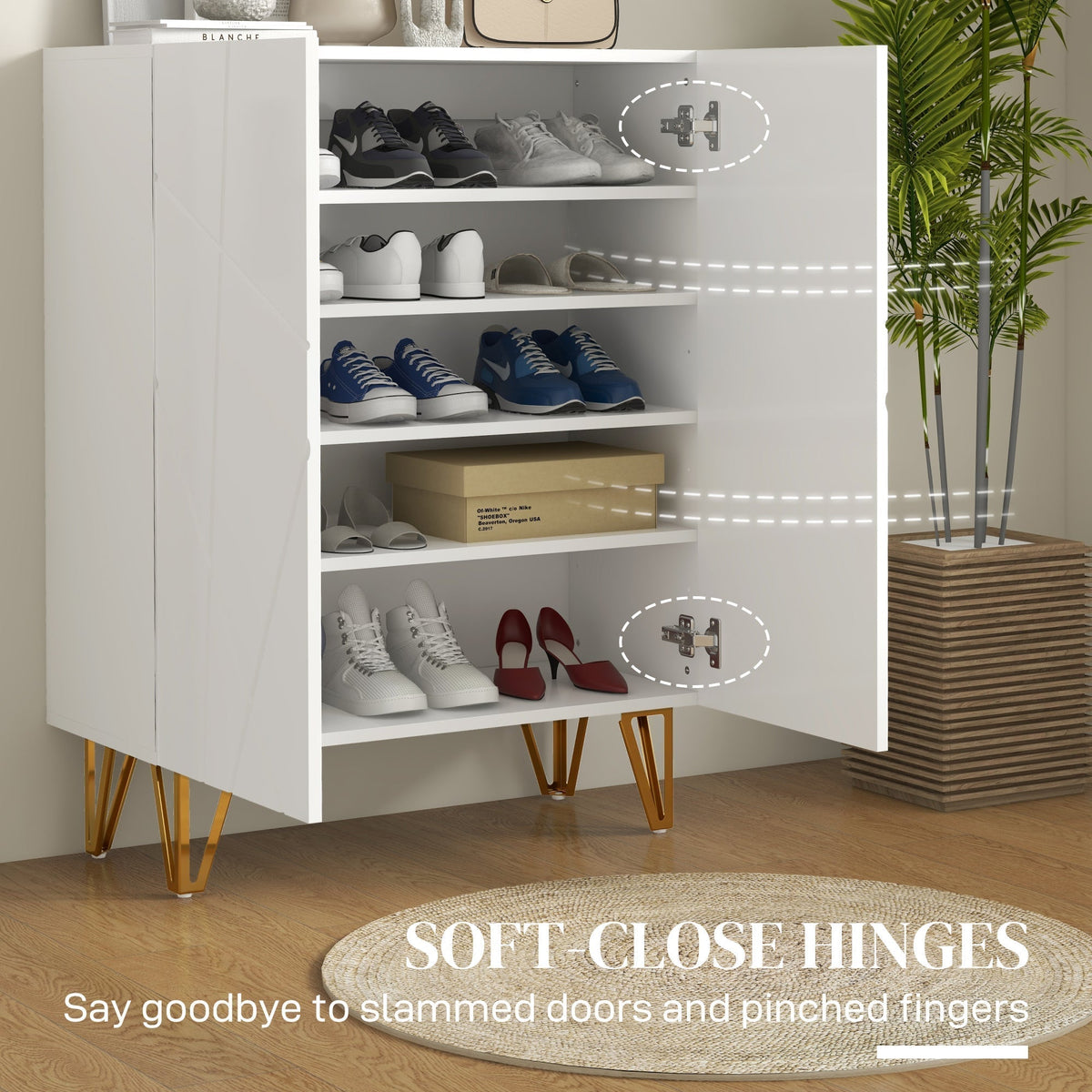 Close-up of the soft-close hinges on the white shoe storage cabinet