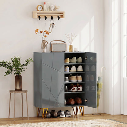 The shoe storage cabinet placed in a hallway filled with various pairs of shoes and home decor