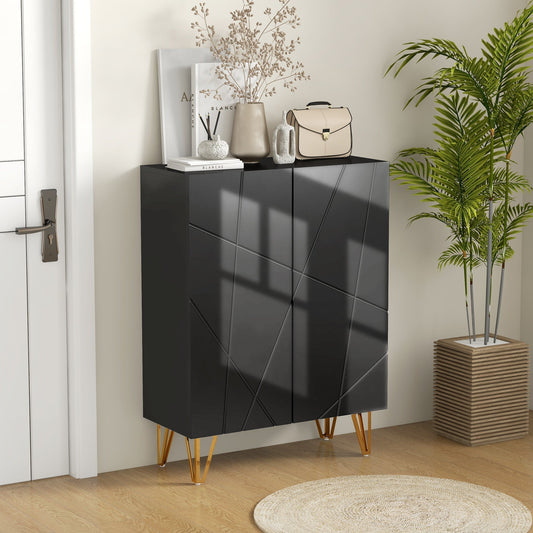 Black shoe storage cabinet with gold legs in a hallway setting