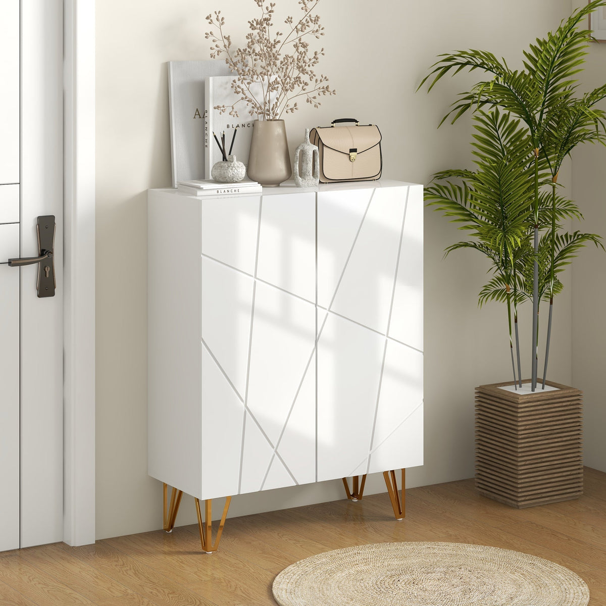 White shoe storage cabinet with gold legs in a hallway setting