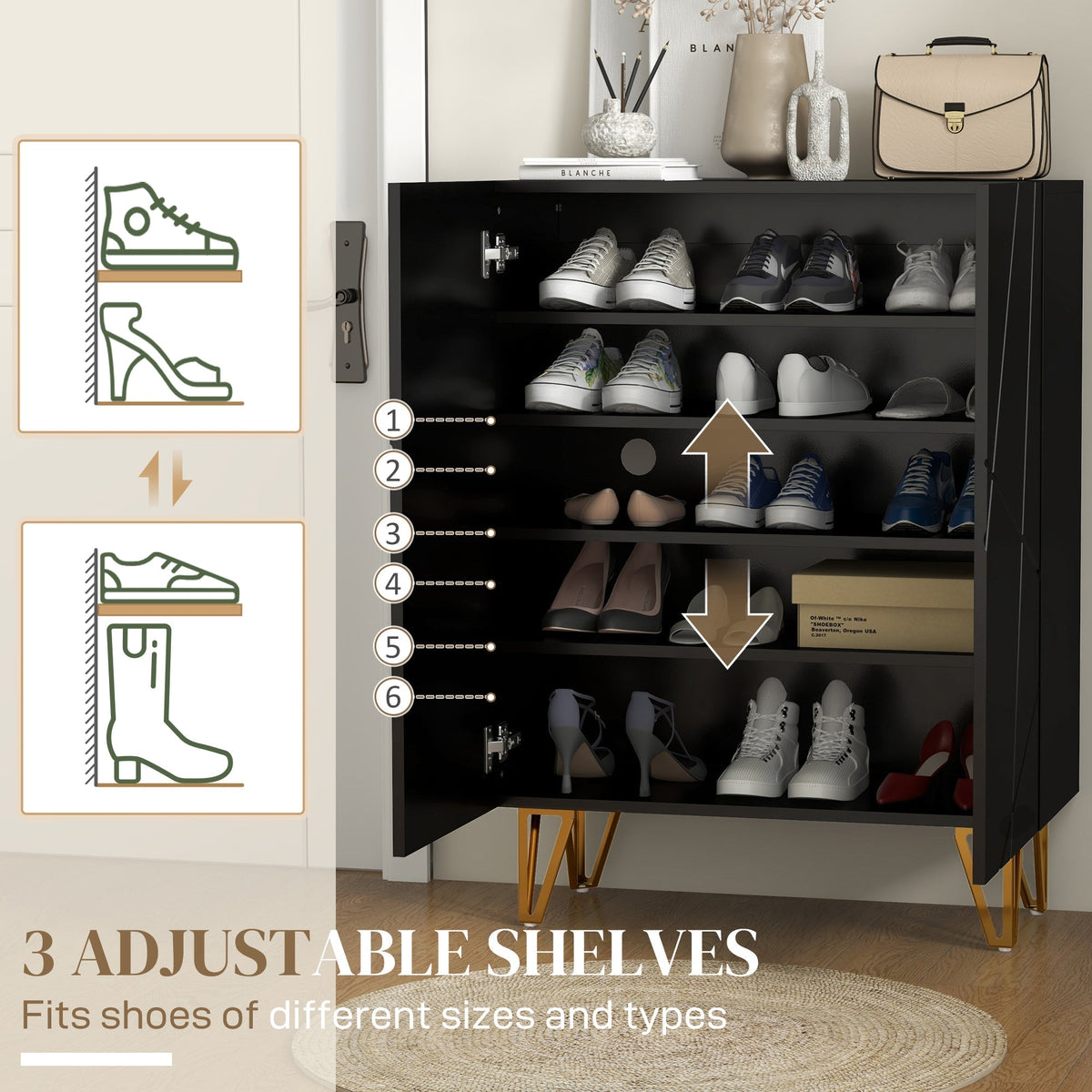 Adjustable shelves inside the black shoe storage cabinet
