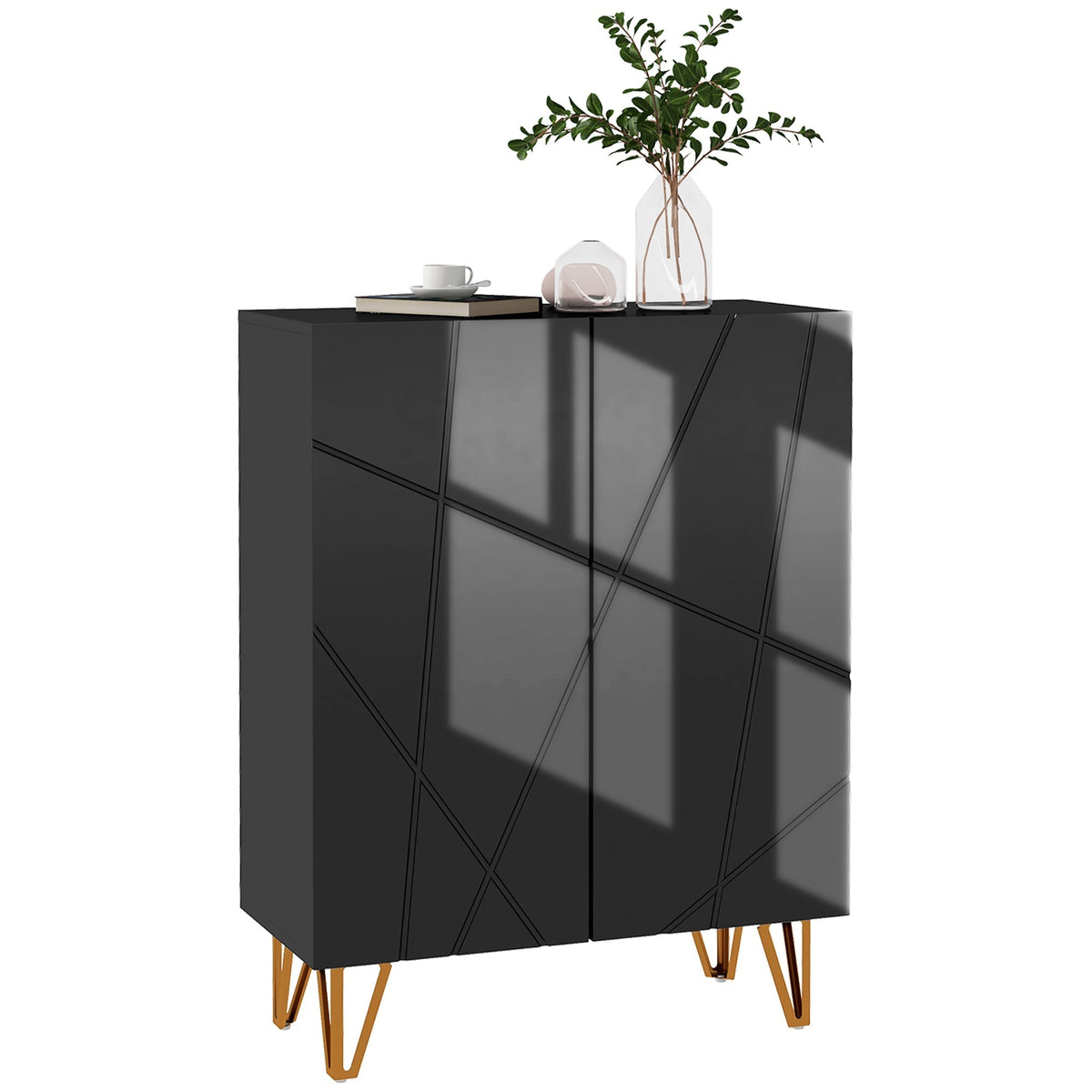 HOMCOM Narrow Shoe Storage Cabinet in black with gold legs, front view
