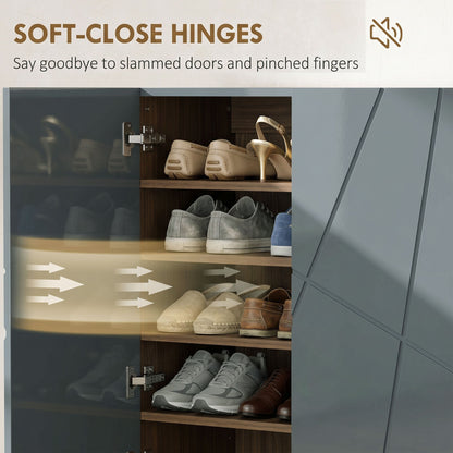 The shoe storage cabinet showing the soft-close hinge mechanism on the interior door frame