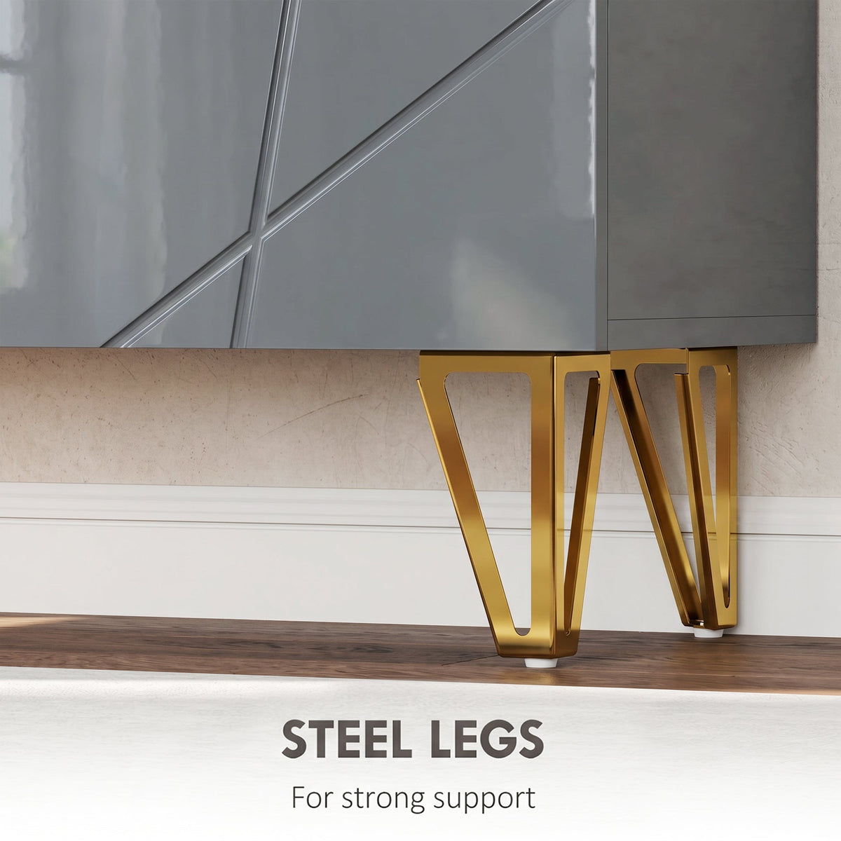The shoe storage cabinet focusing on the sturdy gold coloured steel legs at the base